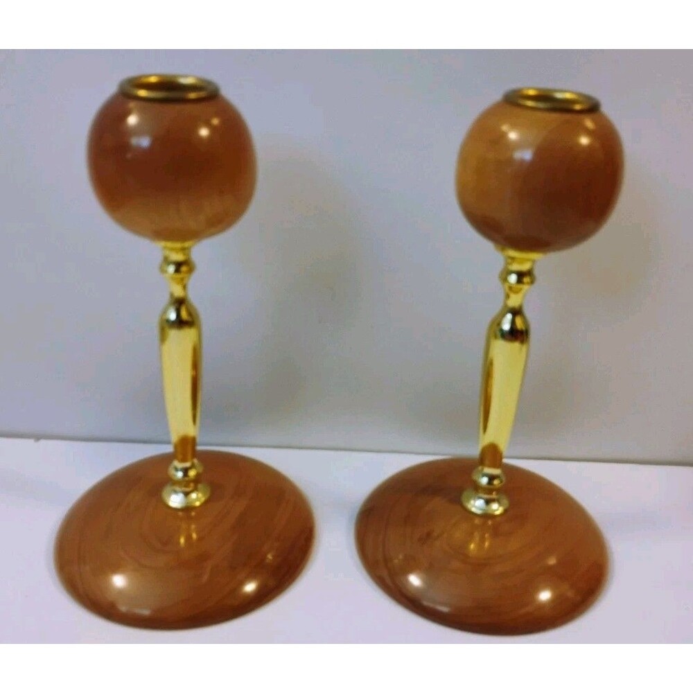 Vintage MCM Oregon Myrtlewood & Brass Candlestick Holders Pair 7" Taper